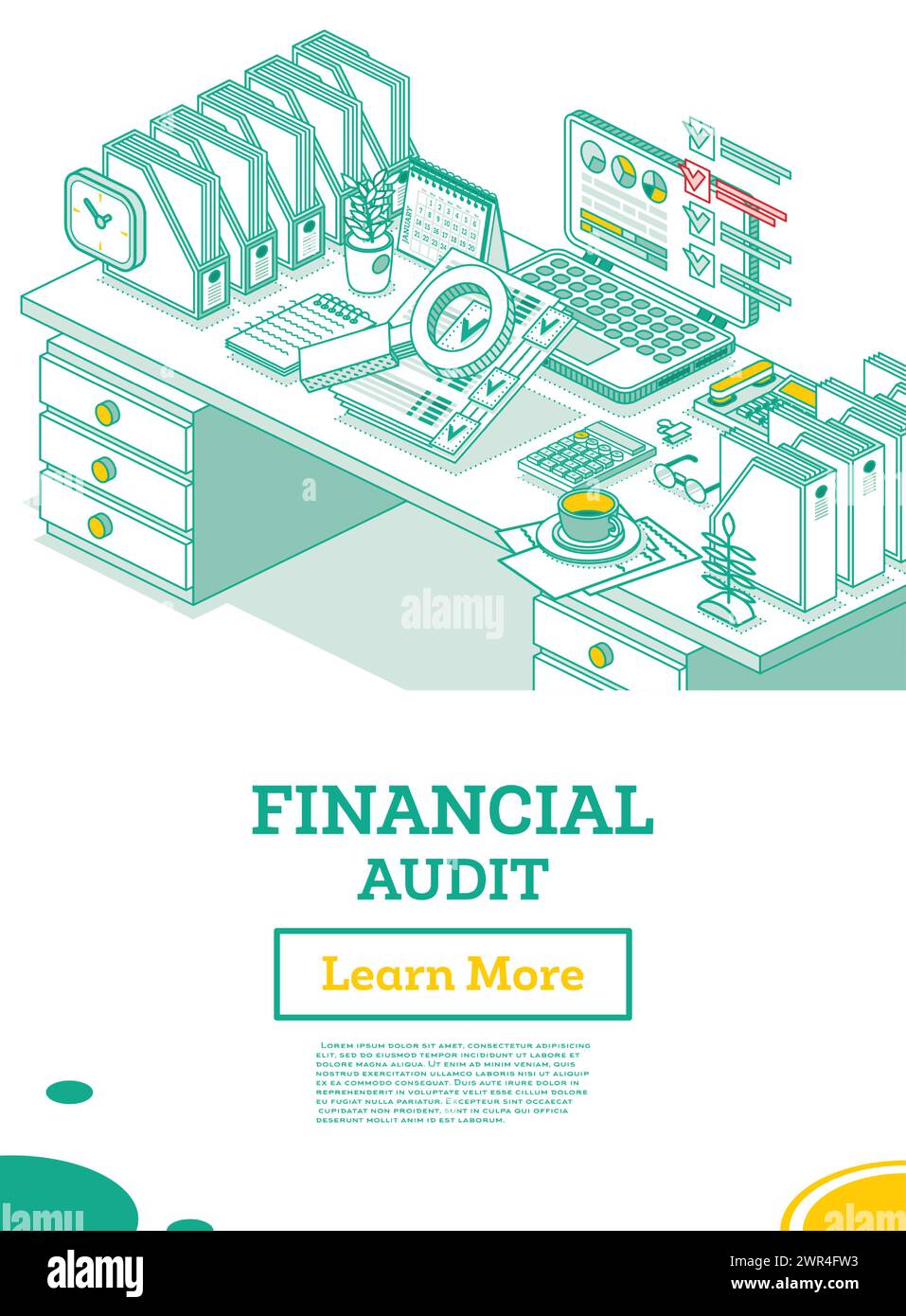 Audit financier.Concept métier isométrique.Rapport de taxe du compte.Ordinateur portable avec calendrier et loupe.Illustration vectorielle.Documents sous Loupe. Illustration de Vecteur