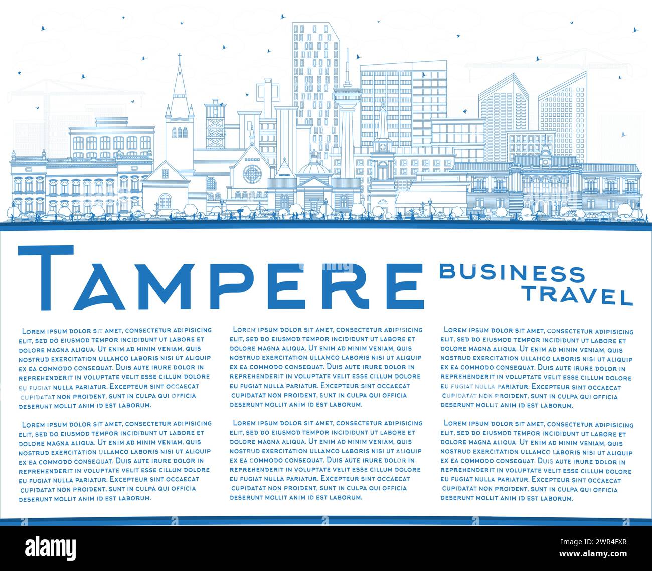 Dessinez l'horizon de la ville de Tampere Finlande avec des bâtiments bleus et un espace de copie. Illustration vectorielle. Paysage urbain de Tampere avec des monuments. Illustration de Vecteur