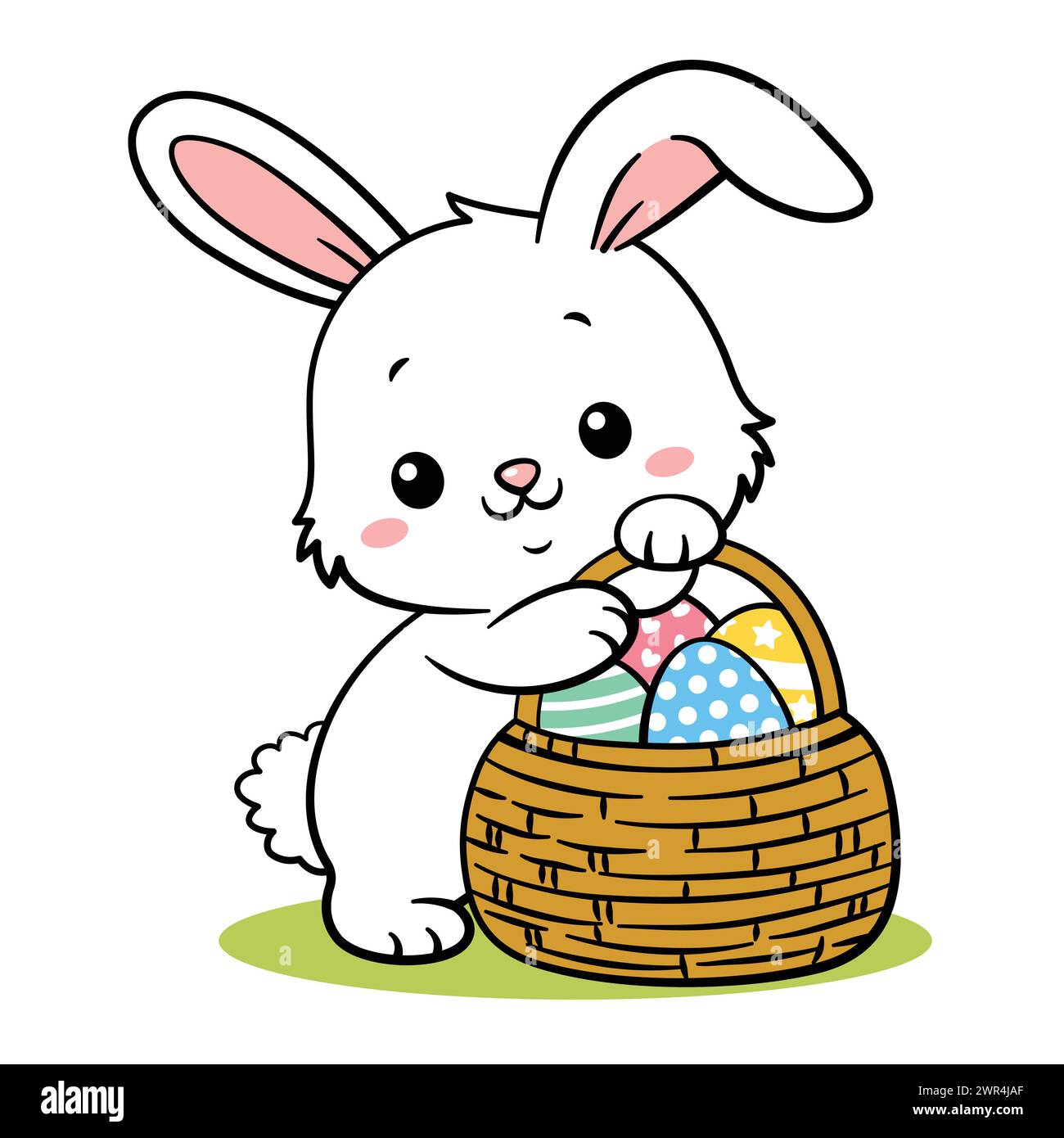 Joli lapin de Pâques blanc dessiné à la main tenant panier d'œufs Illustration de Vecteur