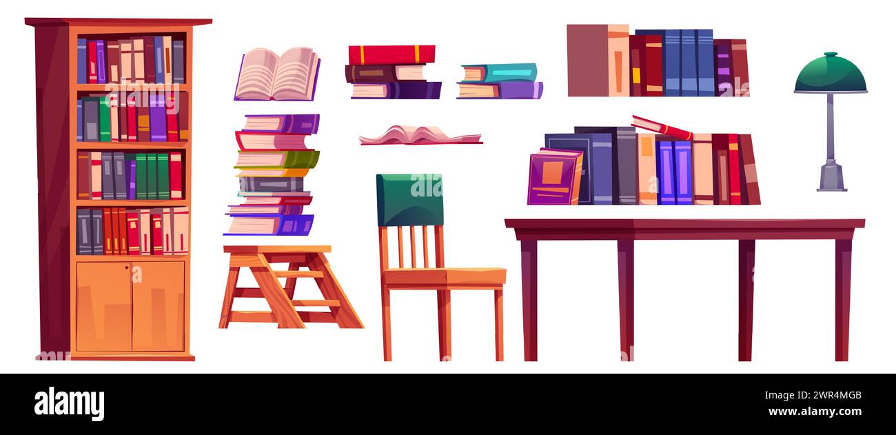 Livres de bibliothèque publique, mobilier et équipement ensemble d'illustration vectorielle de dessin animé. Littérature sur les étagères dans la bibliothèque, dans les piles et ouvertes, table et chaise en bois, lampe pour étude scolaire ou concept de lecture. Illustration de Vecteur