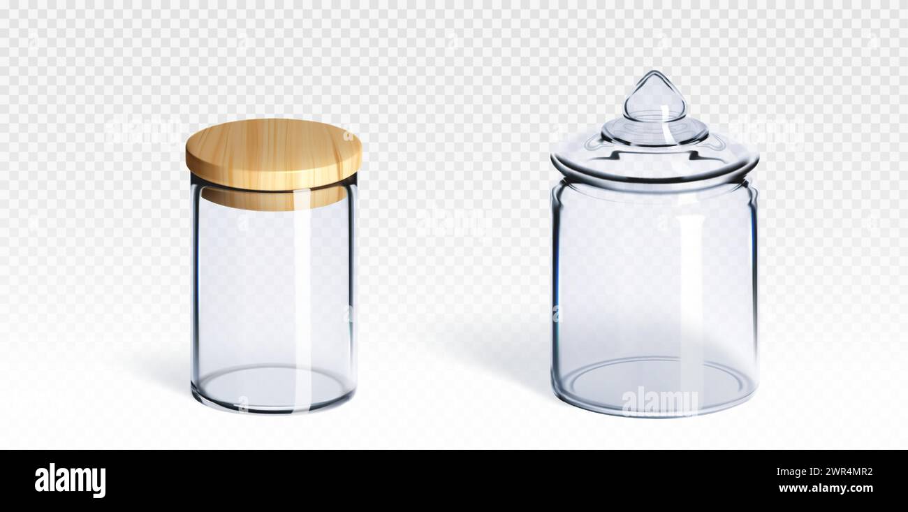 Maquette de pot transparent en verre fermée avec un capuchon en bois. Ensemble d'illustration vectorielle réaliste de conteneur de cuisine en plastique vierge clair. Modèle d'emballage alimentaire. Ustensiles de cuisine ronds pour le rangement des produits. Illustration de Vecteur