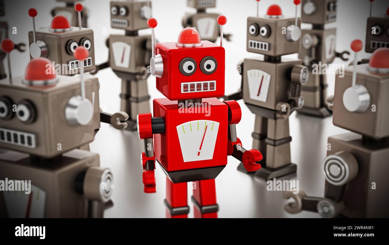 Le robot vintage rouge se distingue parmi les robots standard gris.Illustration 3D. Banque D'Images