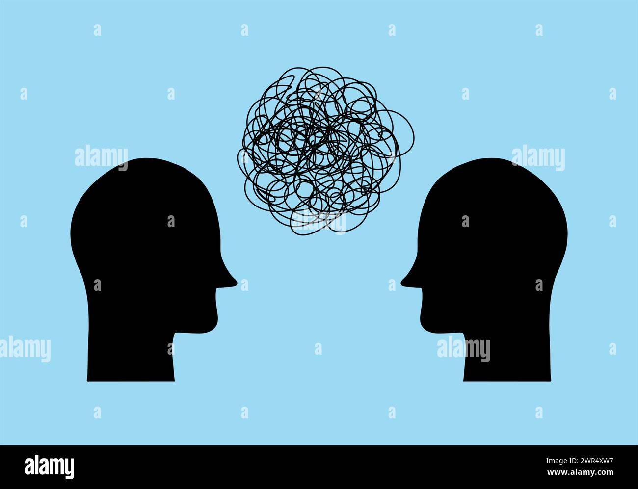 Deux têtes de personnes avec des pensées confuses dans la tête parlent des absurdités. Malentendu et commérage. Psychologie de la communication Illustration de Vecteur