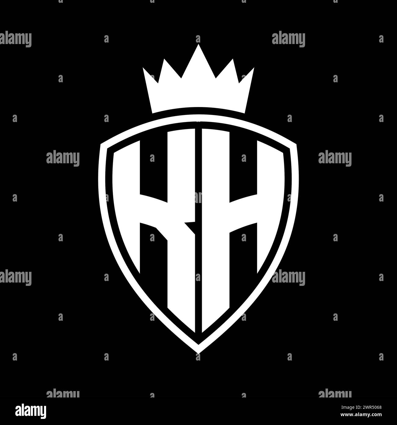 Lettre KH monogramme gras avec bouclier et forme de contour de couronne avec modèle de conception de couleur noir et blanc Banque D'Images