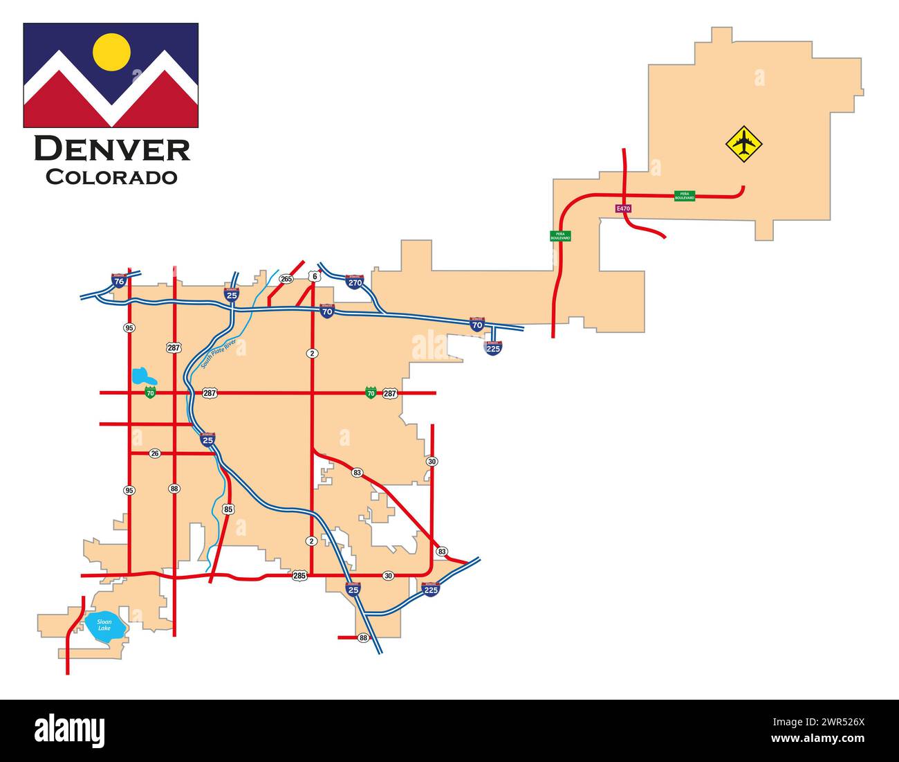 Carte simple de Denver, Colorado, États-Unis Banque D'Images