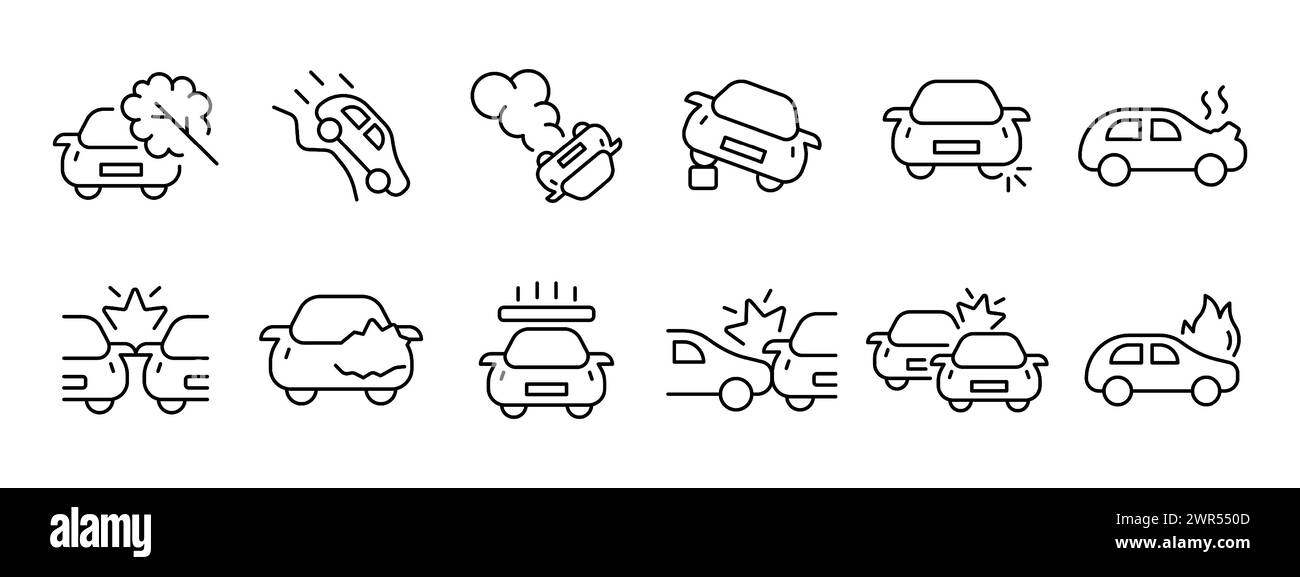 Icône de définition d'accident de voiture. Un accident, un arbre tombé, une voiture s'écrase sur le côté, l'arrière, les côtés. Pneu cassé, surchauffe du moteur, incendie, chute. Accident de voiture Illustration de Vecteur