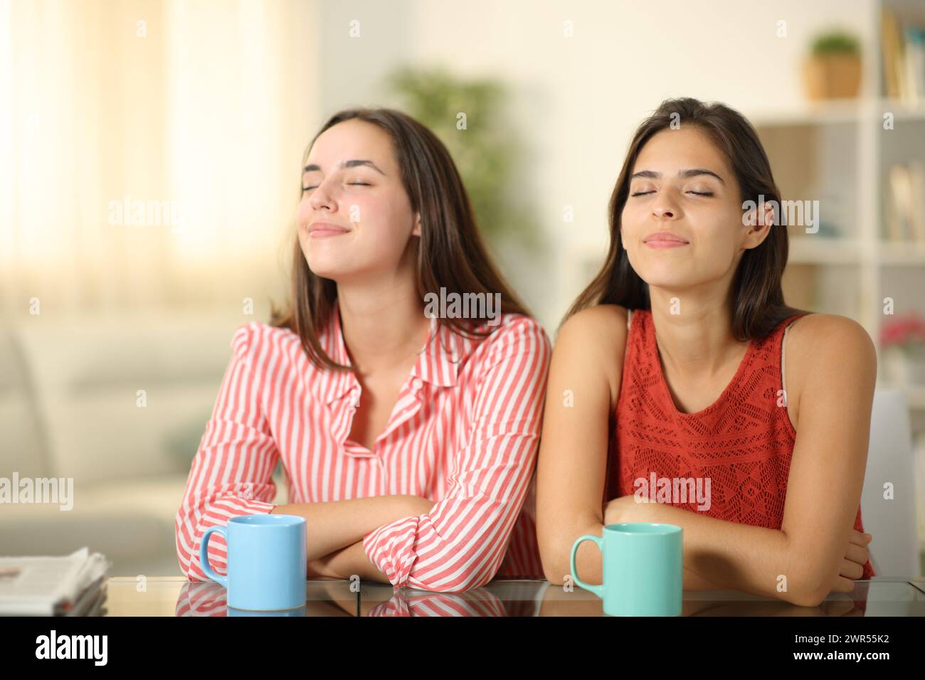 Deux femmes détendues respirant l'air frais et buvant du thé à la maison Banque D'Images