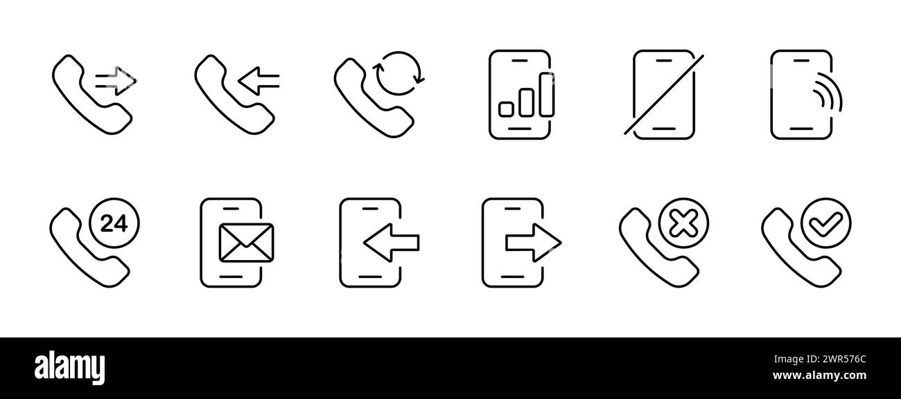 Icône de l'ensemble d'appels. Le combiné accepte et rejette les appels, communication 24 7. La présence et l'absence de communication, Wi Fi, email, la présence et ab Illustration de Vecteur