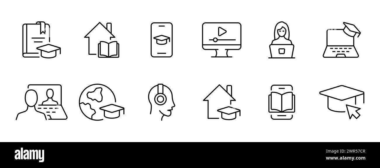 Icône ensemble d'entraînement. Casquette d'étudiant, livre avec signet, apprentissage en ligne, visionnage de vidéos, conférences, ordinateur portable, professeur, écouteurs, étudier à la maison, réserver Illustration de Vecteur