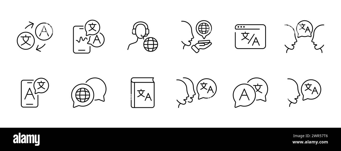 Icône de jeu de traducteurs. Traducteur, support, traduction vocale, communication dans différentes langues, dictionnaire, traduction d'image, traduction de site Web Illustration de Vecteur