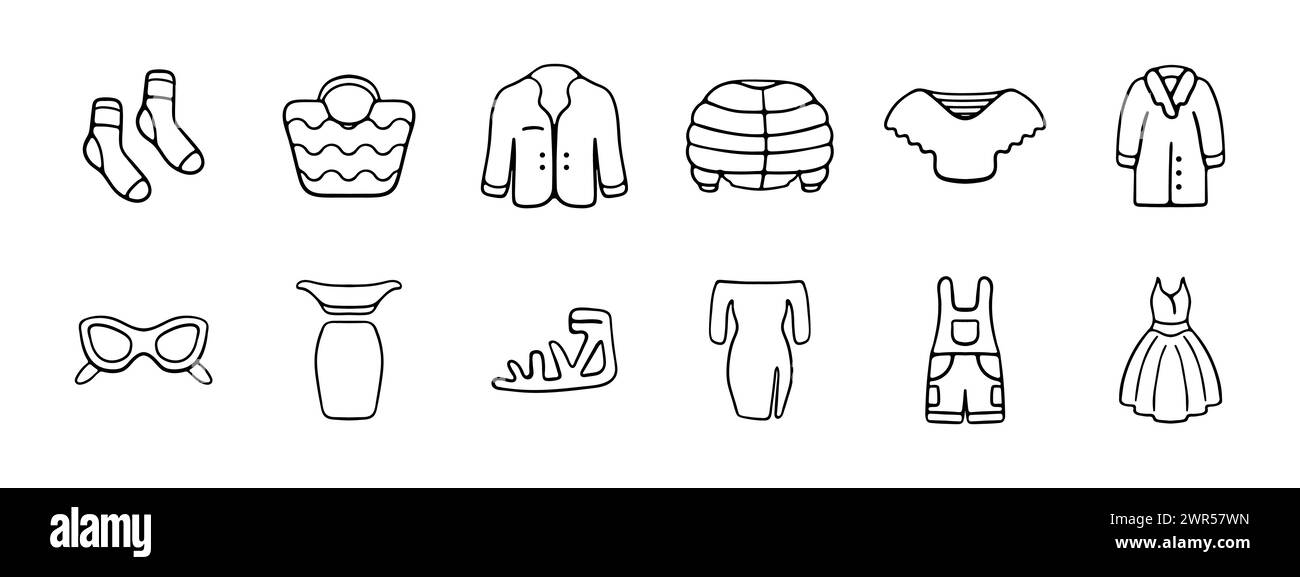 Icône ensemble de vêtements. Chaussettes, sac, smoking, veste, poncho, manteau, lunettes, sandales, robe, vêtements de travail, coupe ample. Vecteur de concept de vêtements modernes de mode Illustration de Vecteur
