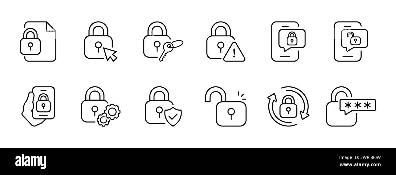 Icône de verrouillage. Protection, sélection, clé, verrouillage non sécurisé, verrouillé, téléphone déverrouillé, verrouillé. Vérification, configuration, synchronisation du mot de passe Vecto Illustration de Vecteur