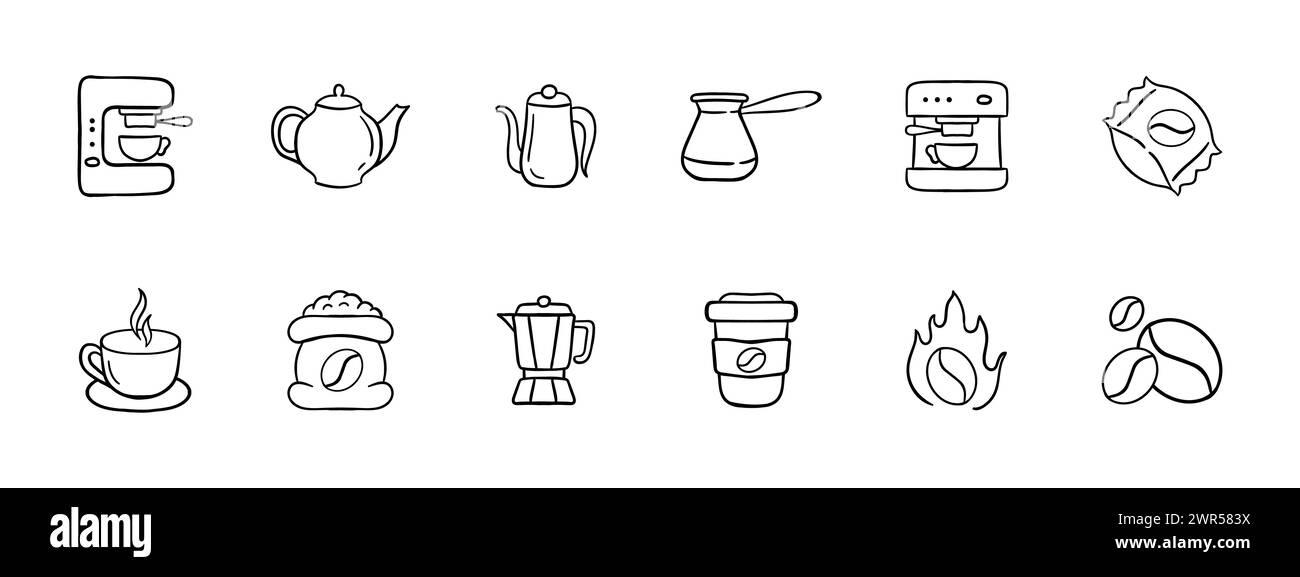 Icône de réglage du café. Pot, cafetière, tasse, tasse, mixeur, verre d'instant, barista. Magasin acheté haricots, un sac de haricots. Café, concept de café-restaurant. VE Illustration de Vecteur Icône de réglage du café. Pot, cafetière, tasse, tasse, mixeur, verre d'instant, barista. Magasin acheté haricots, un sac de haricots. Café, concept de café-restaurant. VE Illustration de Vecteur
