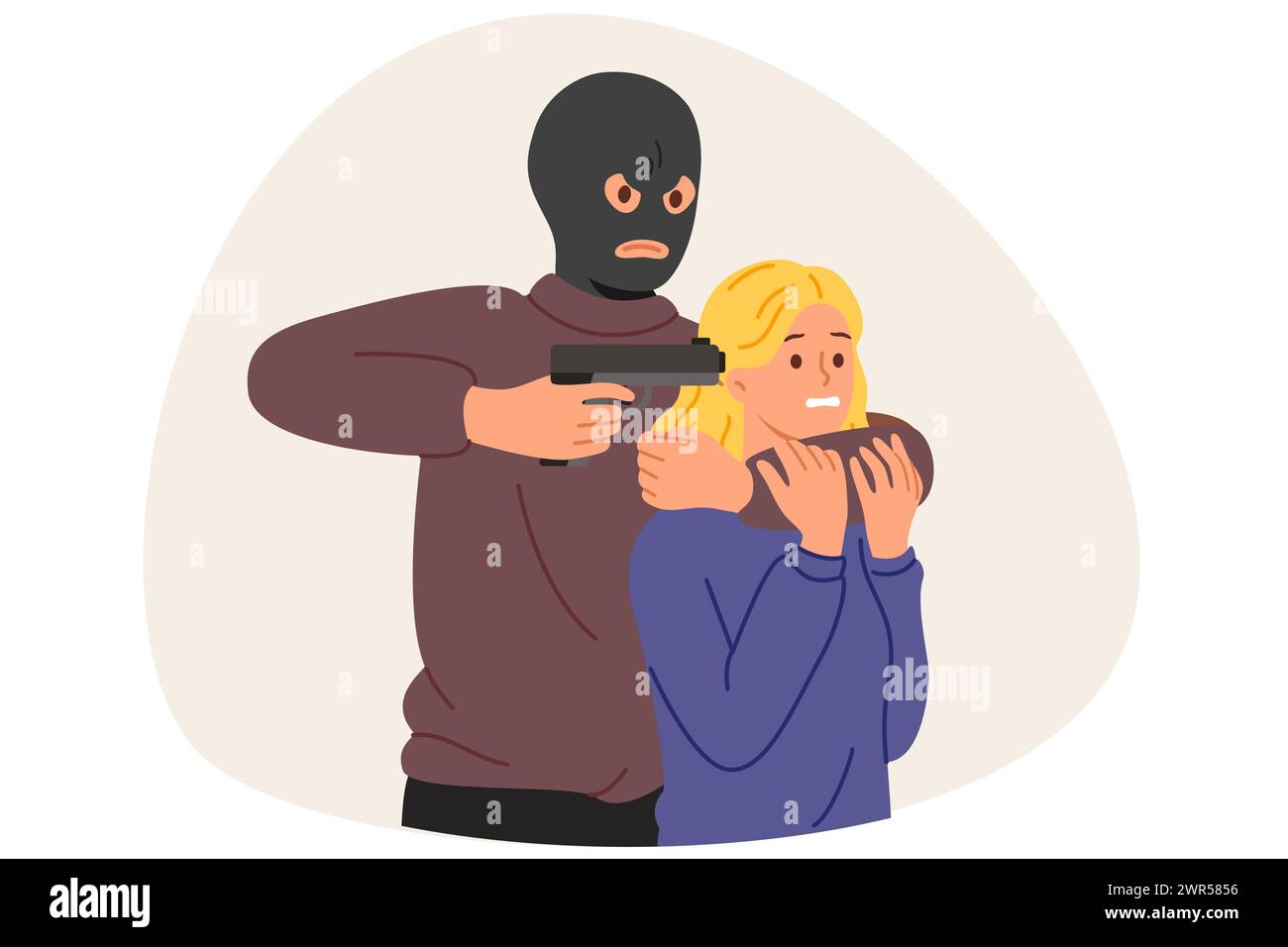 Homme criminel tient en otage une fille effrayée, menaçant avec une arme à feu de se débarrasser de la poursuite policière Illustration de Vecteur