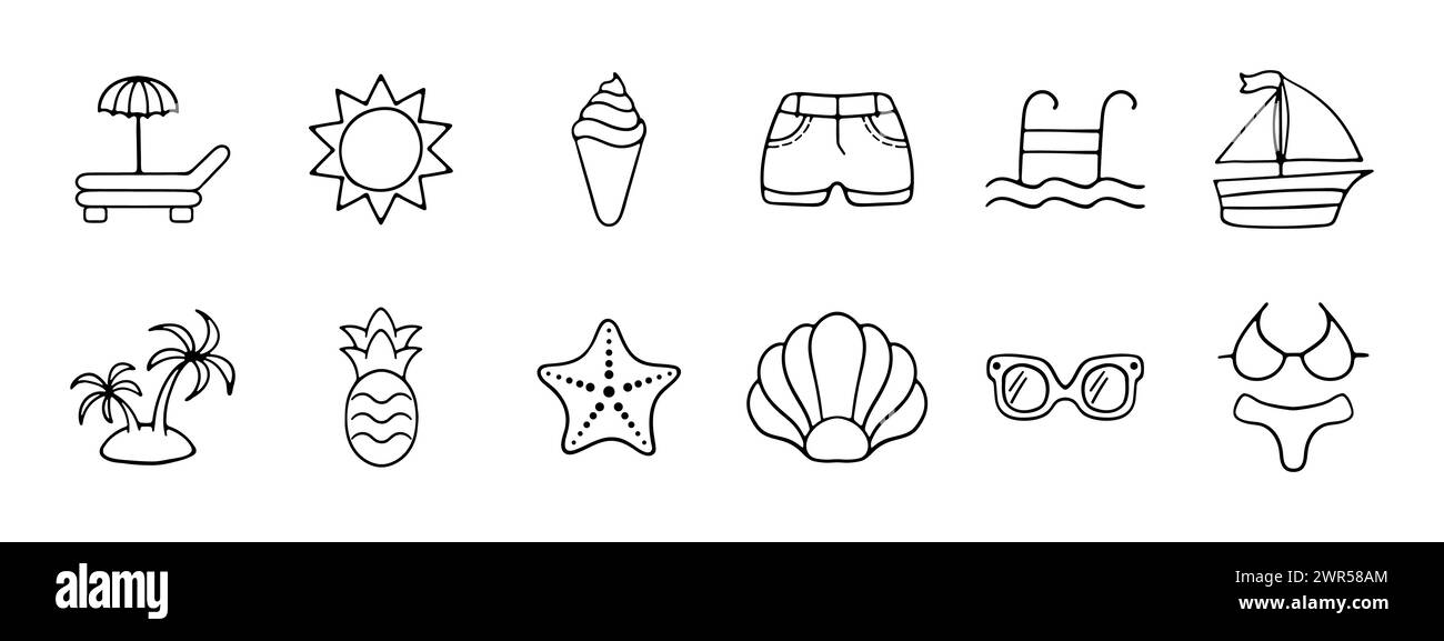 Icône vacances définies. Lit, soleil, crème glacée, maillots de bain, piscine, yacht, île, ananas, étoile de mer, coquille, lunettes, bikini Resort Vacation con Illustration de Vecteur