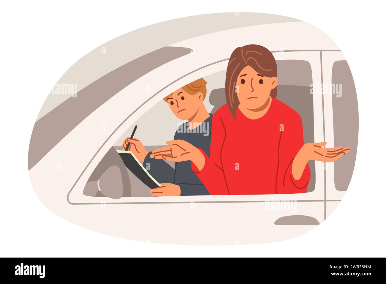 La femme a échoué au test de permis de conduire et haussait les épaules alors qu'elle regardait hors de la voiture avec un instructeur mécontent Illustration de Vecteur