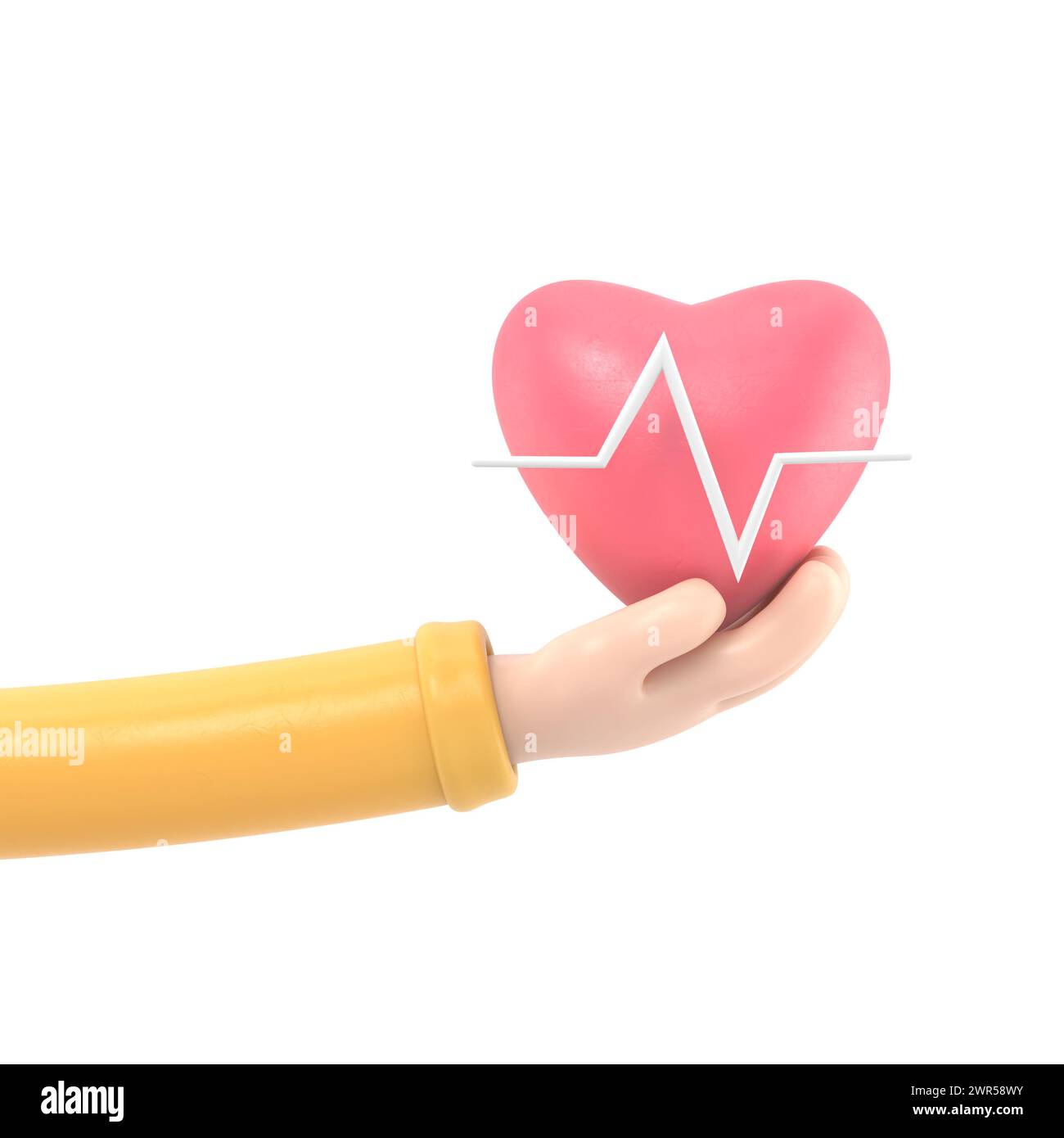 rendu 3d. Icône de fréquence cardiaque médicale. Médecin ou cardiologue main de dessin animé tenant le cœur avec la ligne de la carte. Healthcare illustration.rendu 3D sur blanc b Banque D'Images