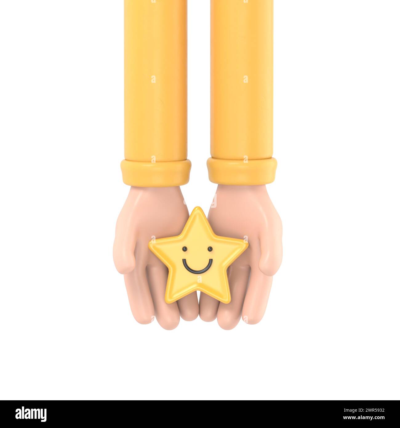 Main tenant l'étoile jaune visage de sourire heureux, bonne note de rétroaction, avis positif, sondage de satisfaction, évaluation de la santé mentale, bien-être enfant, monde Banque D'Images