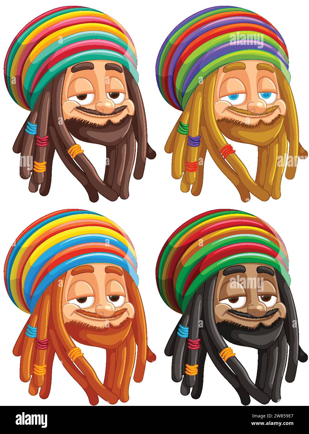 Quatre illustrations vectorielles de personnages rastafariens souriants. Illustration de Vecteur