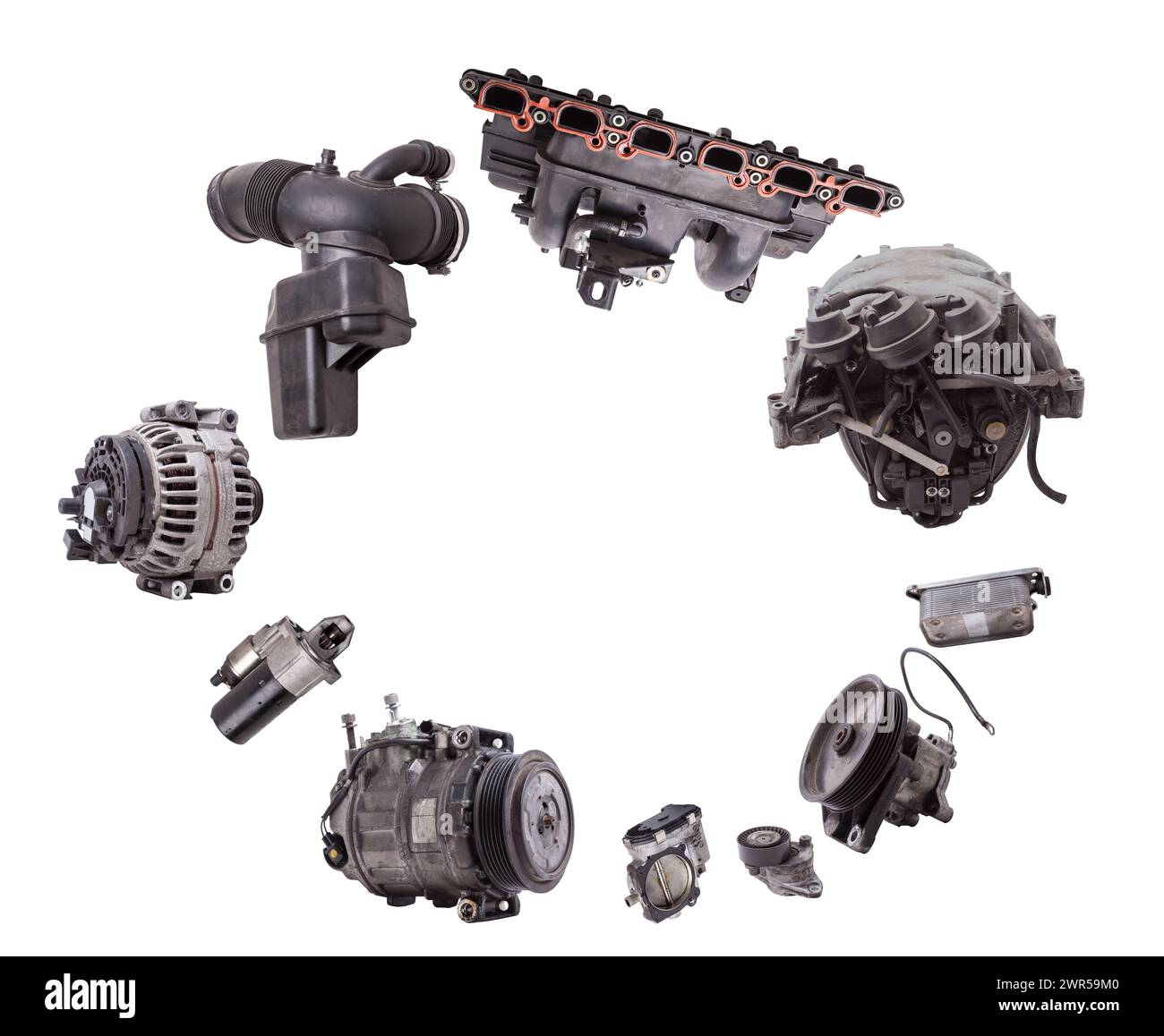 Boîtier en plastique du collecteur d'admission avec système de réglage du débit d'air vers le moteur. Réparation et remplacement de pièces de rechange de véhicules dans un car ser Banque D'Images