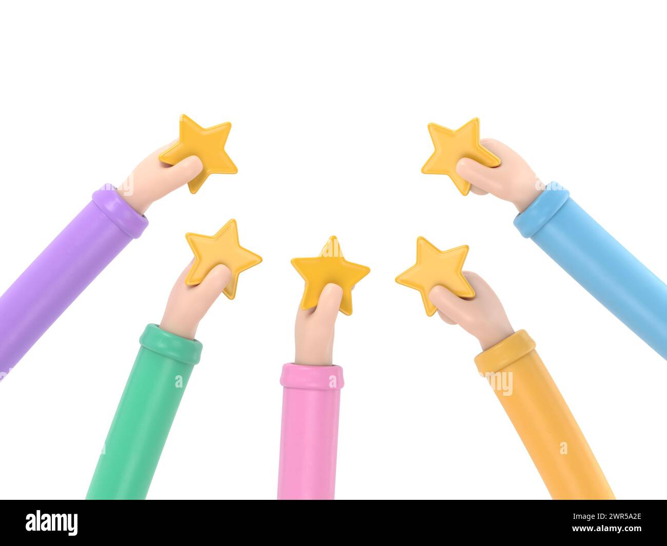 Personnages de personnes qui donnent un feedback cinq étoiles. Les clients qui choisissent le taux de satisfaction et laissent un avis positif. Service client et expérience utilisateur Co Banque D'Images