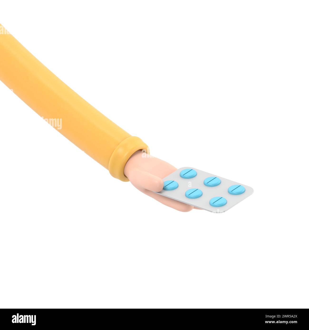 rendu 3d. Icône Pack de pilules. Docteur ou pharmacien main de dessin animé avec la peau noire tenant des médicaments. Illustration médicale de soins de santé.rendu 3D sur blanc Banque D'Images