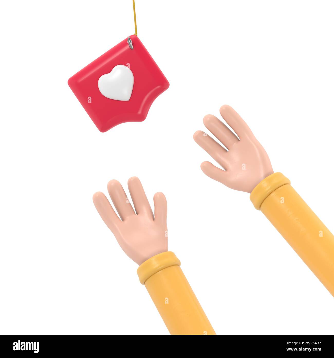 Icône de geste de dessin animé Mockup.mains atteignant une épingle avec un cœur sur un crochet. Métaphore sociale, révélant le concept de manipulation de l'opinion et du gre Banque D'Images