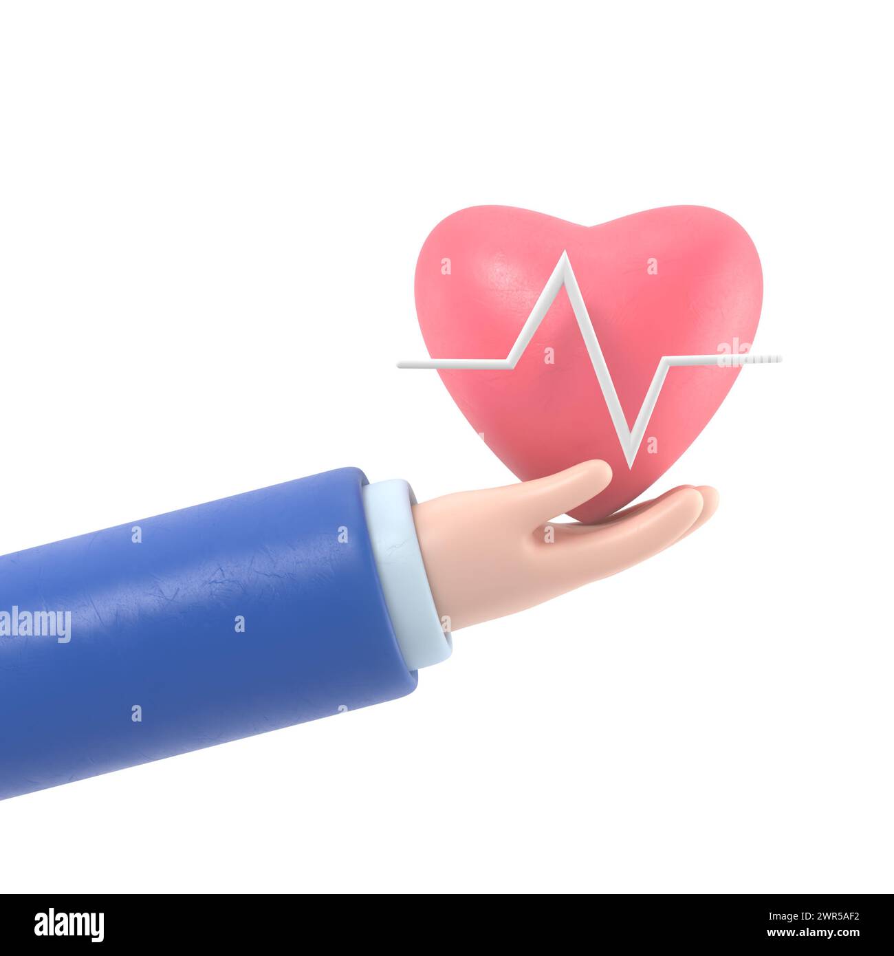 rendu 3d. Icône de fréquence cardiaque médicale. Médecin ou cardiologue main de dessin animé tenant le cœur avec la ligne de la carte. Healthcare illustration.rendu 3D sur blanc b Banque D'Images