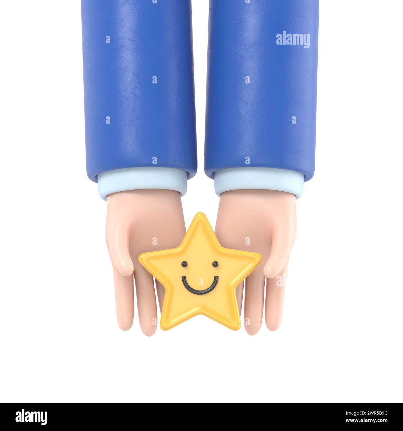 Main tenant l'étoile jaune visage de sourire heureux, bonne note de rétroaction, avis positif, sondage de satisfaction, évaluation de la santé mentale, bien-être enfant, monde Banque D'Images