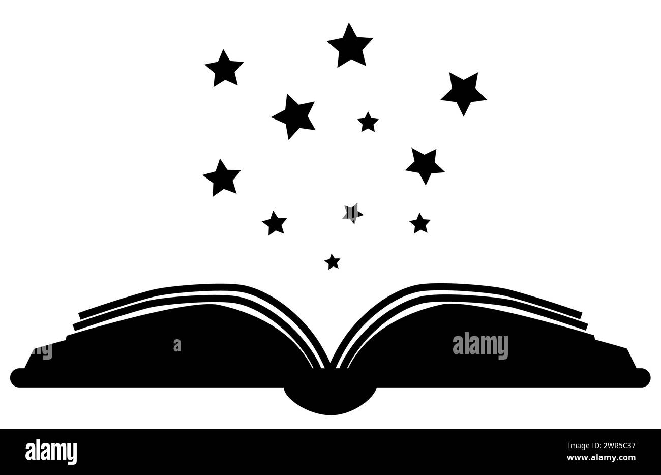 Icône de lecture magique. Livre ouvert avec couverture de livre épaisse et étoiles molles noires volant dehors signe. Symbole livre ouvert. style plat. Banque D'Images