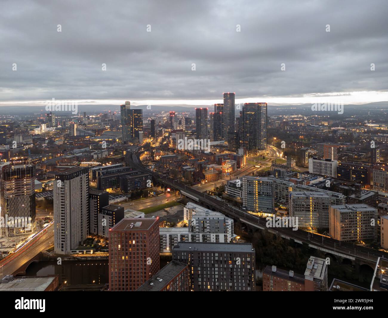 Drone abattu à Manchester Deansgate Square, Manchester, Royaume-Uni Banque D'Images