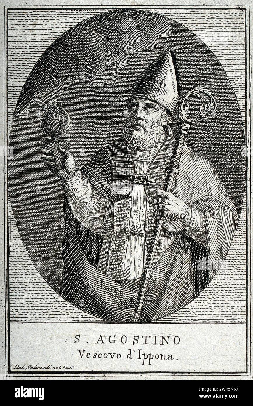 Saint Augustin d'Hippone 354 – 430 était un théologien et philosophe romain africain, ancien chrétien de Numidie dont les écrits ont influencé le développement du christianisme occidental et de la philosophie occidentale. Il était l'évêque d'Hippo Regius en Afrique du Nord et est considéré comme l'un des plus importants pères de l'Église dans le christianisme occidental pour ses écrits à l'époque patristique, gravure vintage des années 1800 Banque D'Images