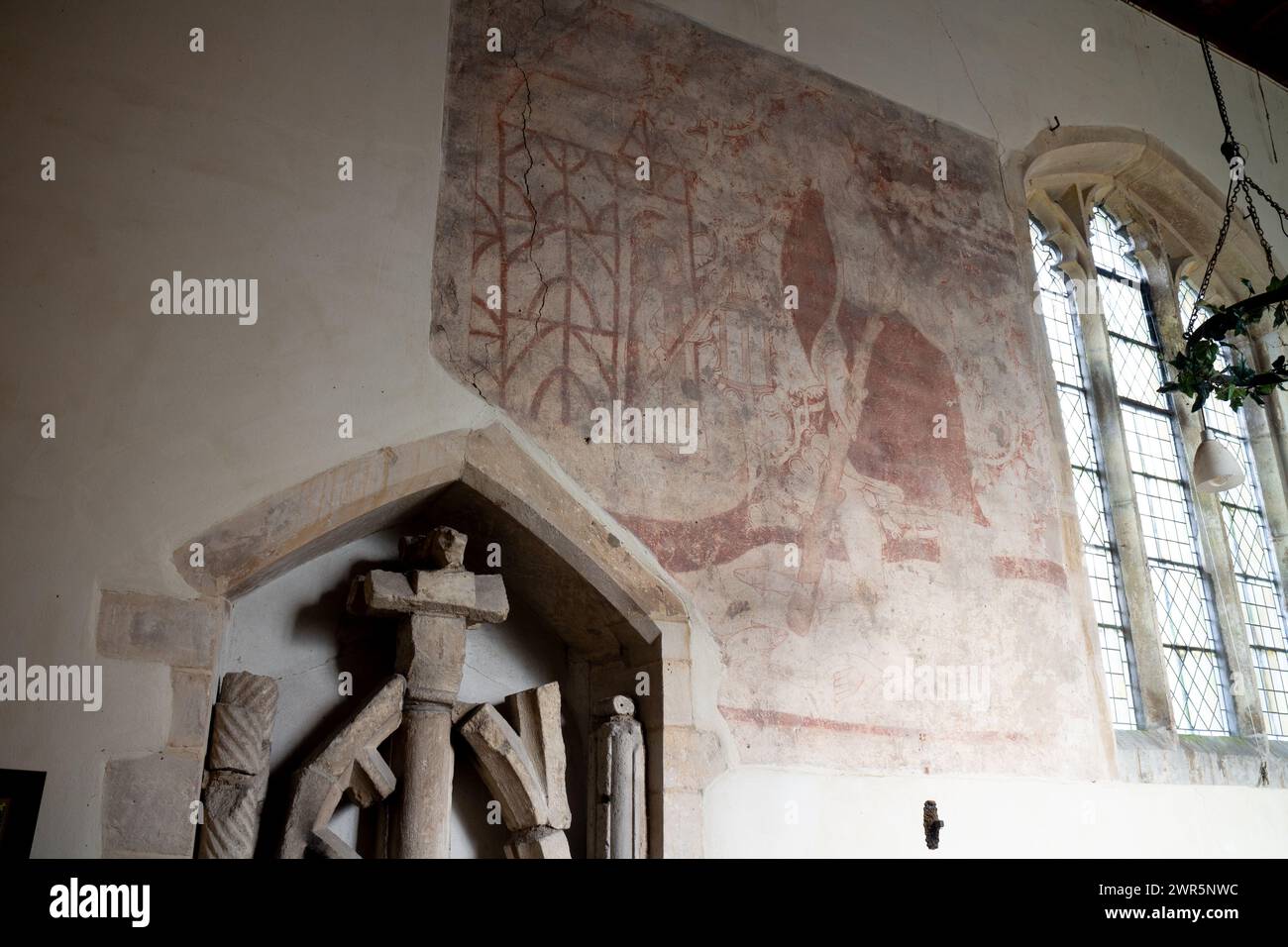Peinture murale médiévale, équipée Église Peter`s, Molesworth, Cambridgeshire, Angleterre, Royaume-Uni Banque D'Images