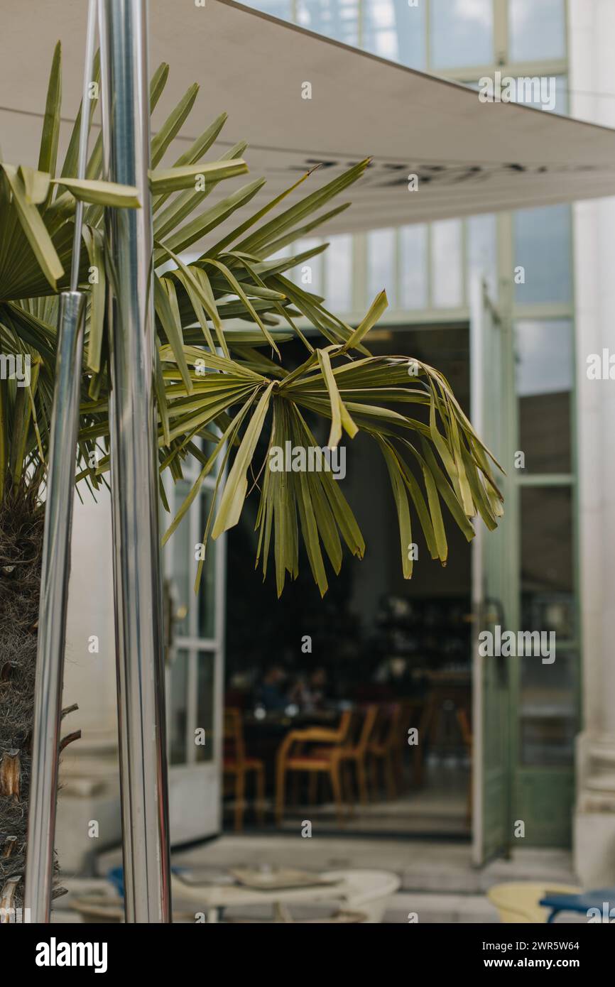 Café vide dans une rue de Vienne, Autriche. Mise au point sélective. Destination de voyage en Autriche. Banque D'Images