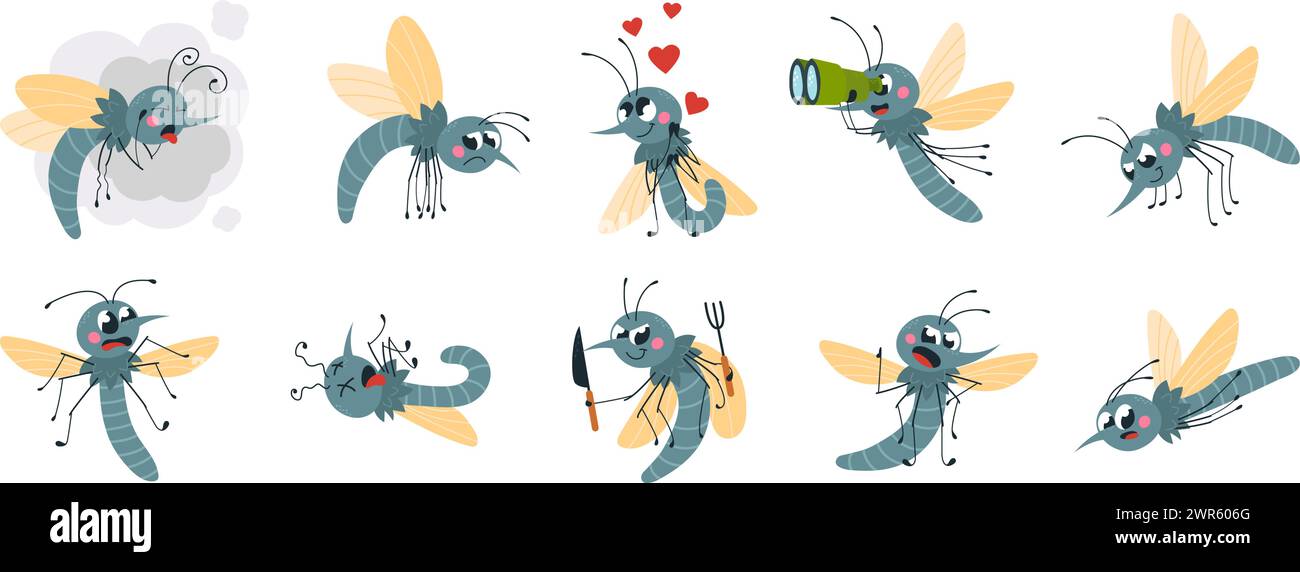 Moustiques drôles. Moustique isolé dans diverses poses et avec différentes émotions. Insecte saisonnier parasite de dessin animé, personnages vectoriels chics mignons Illustration de Vecteur