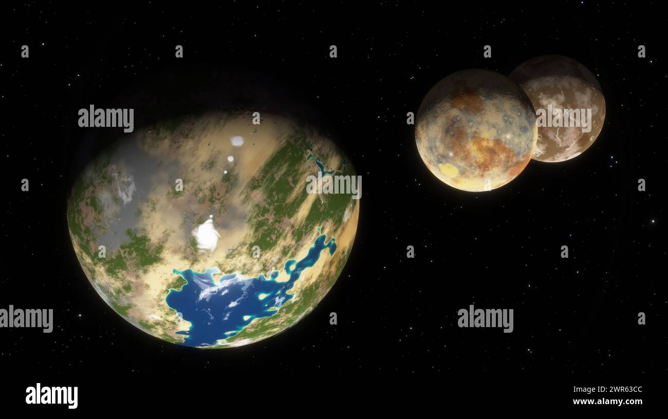 Exoplanète verte luxuriante avec des océans bleus, accompagnée de deux lunes contre un ciel étoilé. rendu 3d. Banque D'Images