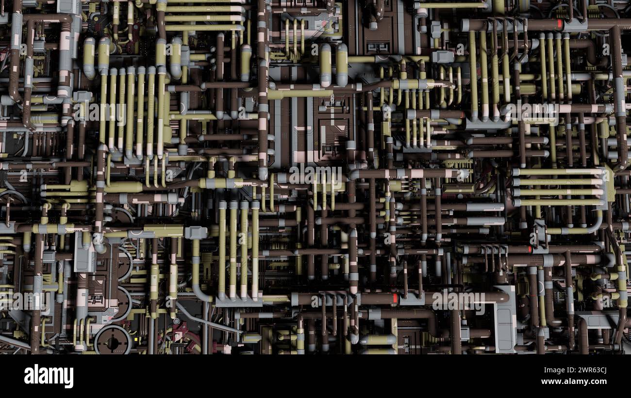 Vue aérienne d'un réseau étendu et détaillé de tuyaux et de machines, formant un paysage industriel à haute densité avec une variété de textures Banque D'Images