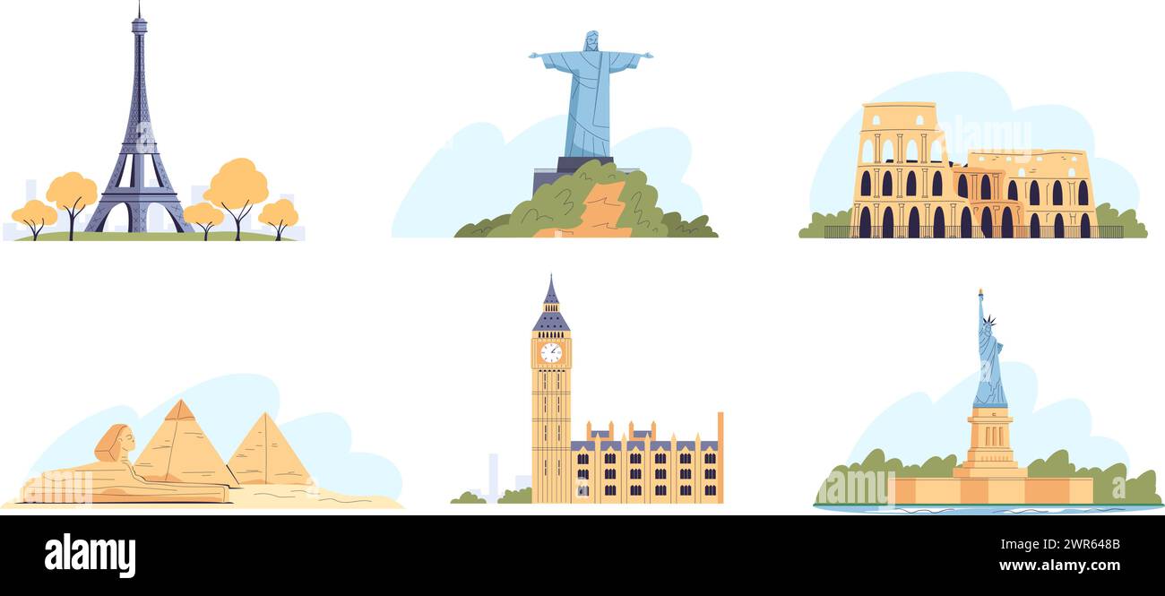 Lieux touristiques. Monuments historiques pour les touristes visitant le plan de visite, europe rome colisée, tour eiffel Big ben statue de la liberté vecteur de voyage illustration de voyage de ville point de repère Illustration de Vecteur