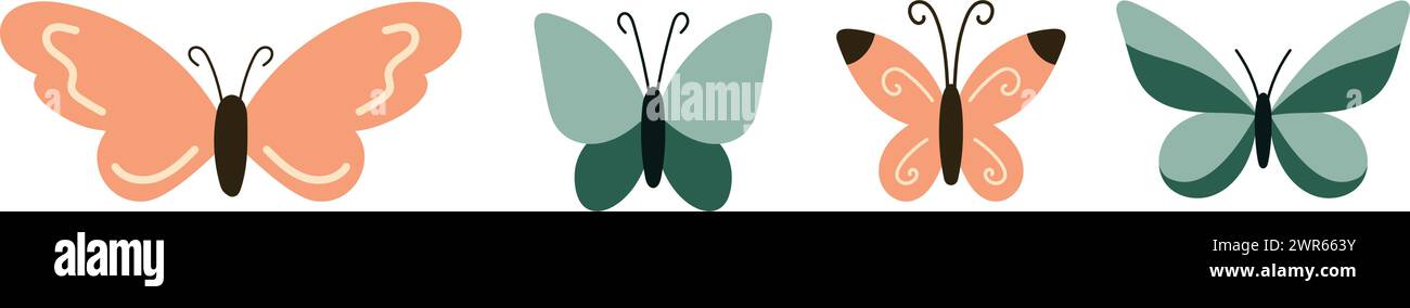 Ensemble de papillons mignons dessinés à la main. Personnage de dessin animé pour les cartes d'enfants, douche de bébé, invitation, affiche. Illustration vectorielle Illustration de Vecteur