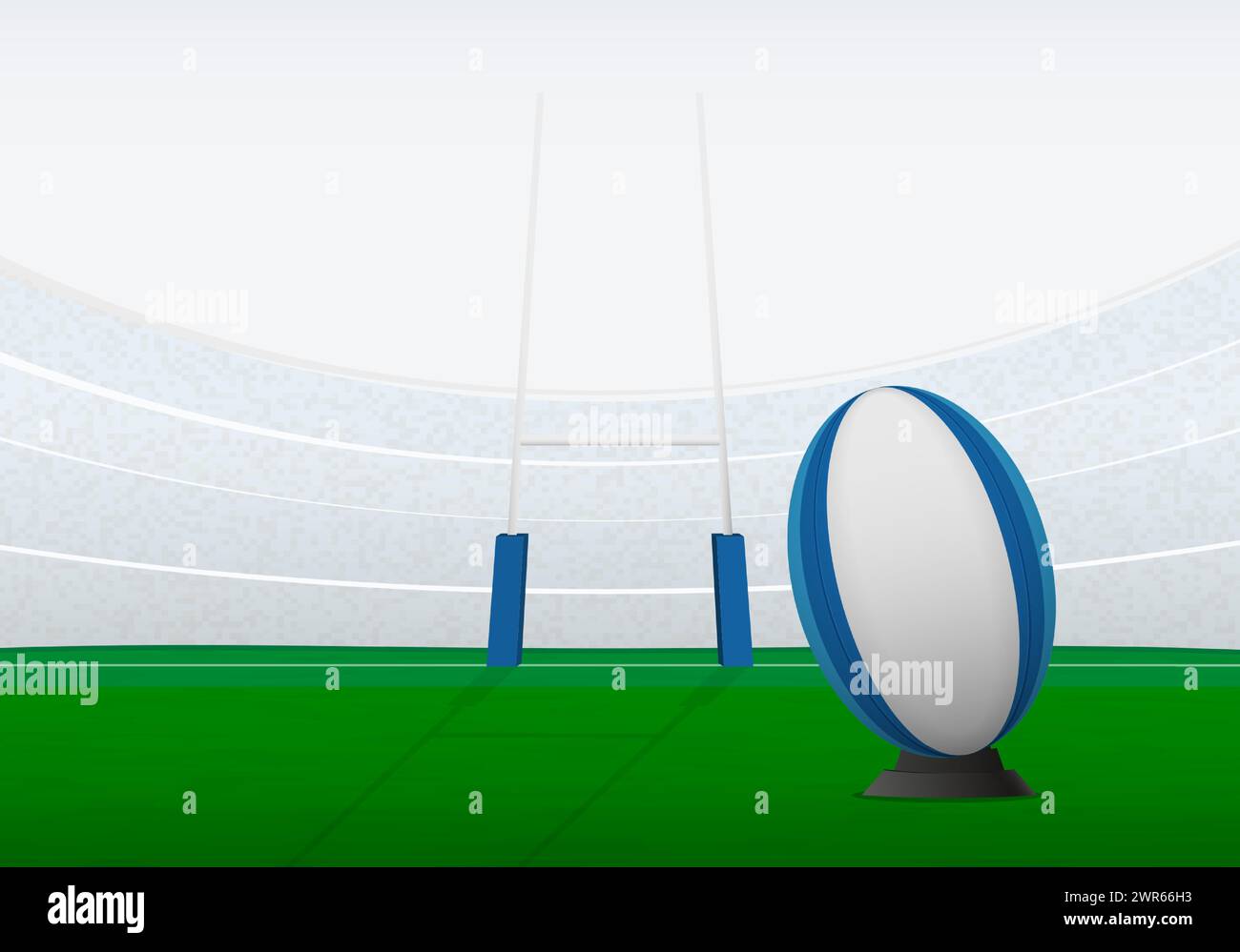 Stade de rugby avec ballon de rubis et poteaux de but. Fond de sport vectoriel. Illustration de Vecteur