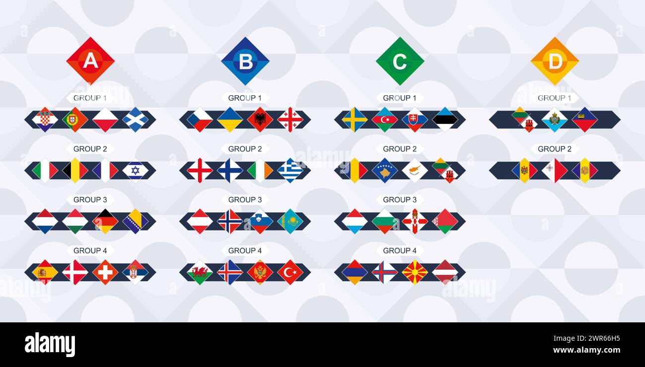 Tous les participants à la compétition européenne de football triés par ligue et groupe. Drapeau des Nations européennes en losange. Illustration de Vecteur