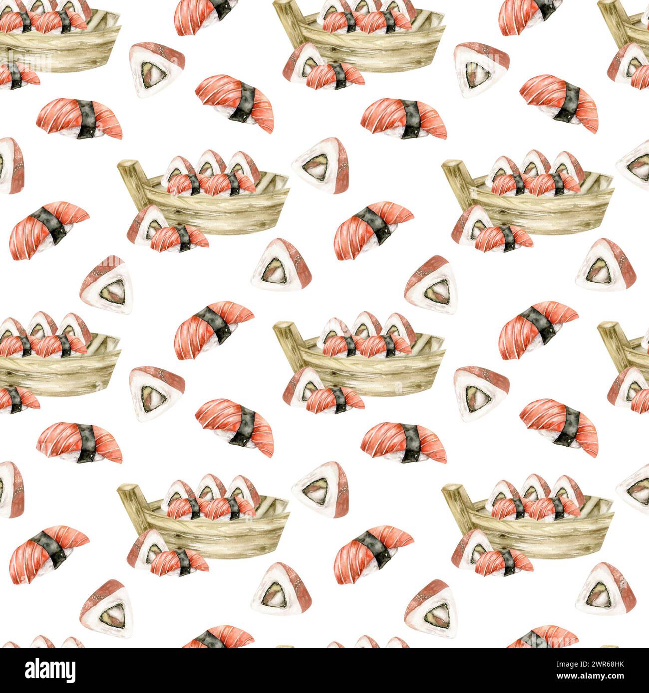 Aquarelle traditionnelle japonaise de fruits de mer motif sans couture. Fond de nourriture avec sushi et sashimi avec saumon sur plaque de bateau en bois pour le menu, restaurant Banque D'Images