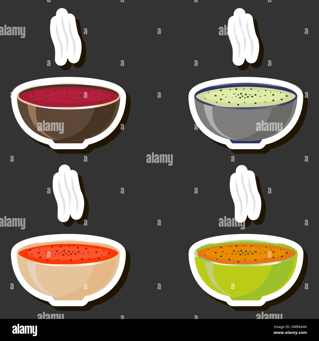 Illustration sur le thème grand ensemble divers types belles soupes maison chaudes comestibles savoureuses avec bouillon et légumes composés de divers ingrédients Illustration de Vecteur