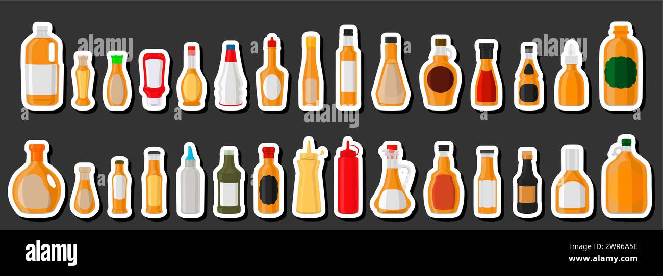 Illustration sur kit thématique bouteilles en verre variées rempli de sirop de cocktail liquide, bouteilles composées de sirop de cocktail, étiquettes vides pour les titres, cocktail Illustration de Vecteur