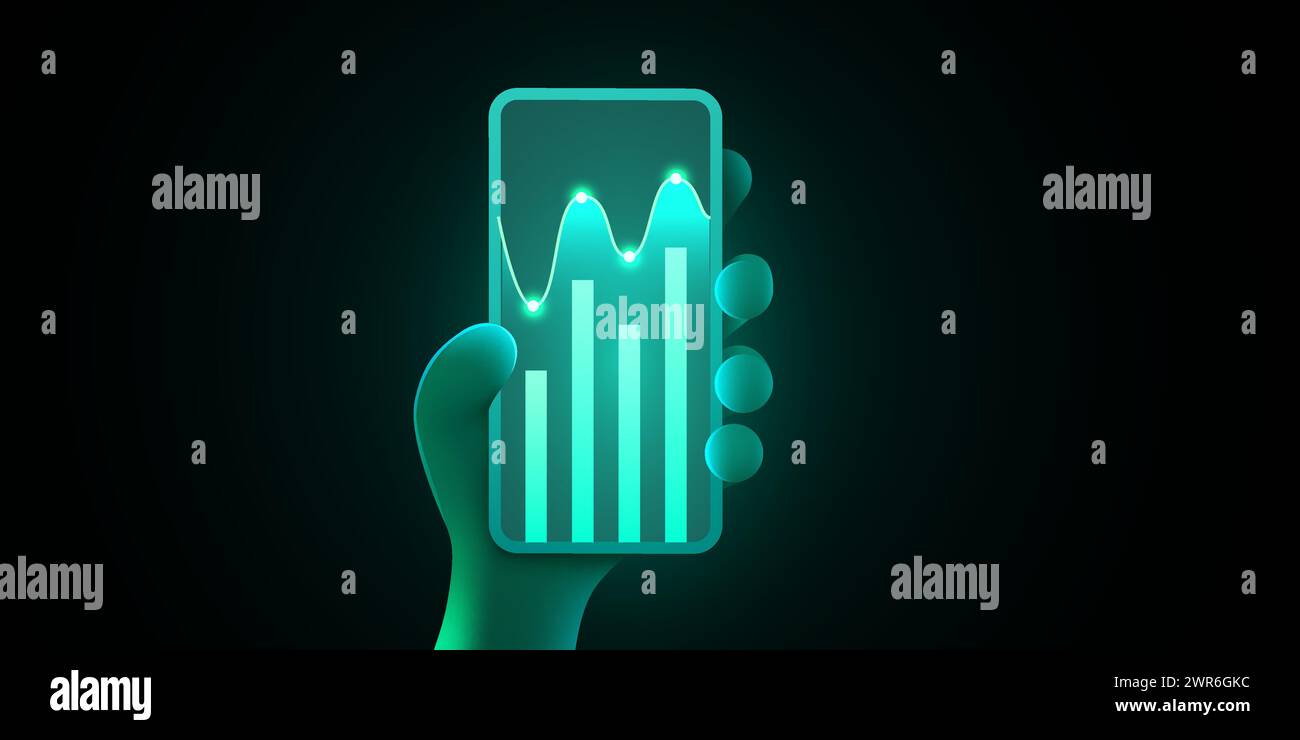 Concept de technologie mobile. Analyse graphique des tendances du marché sur smartphone. Tient le téléphone à main. Infographie et statistiques à l'écran. Modèle de page d'arrivée Illustration de Vecteur