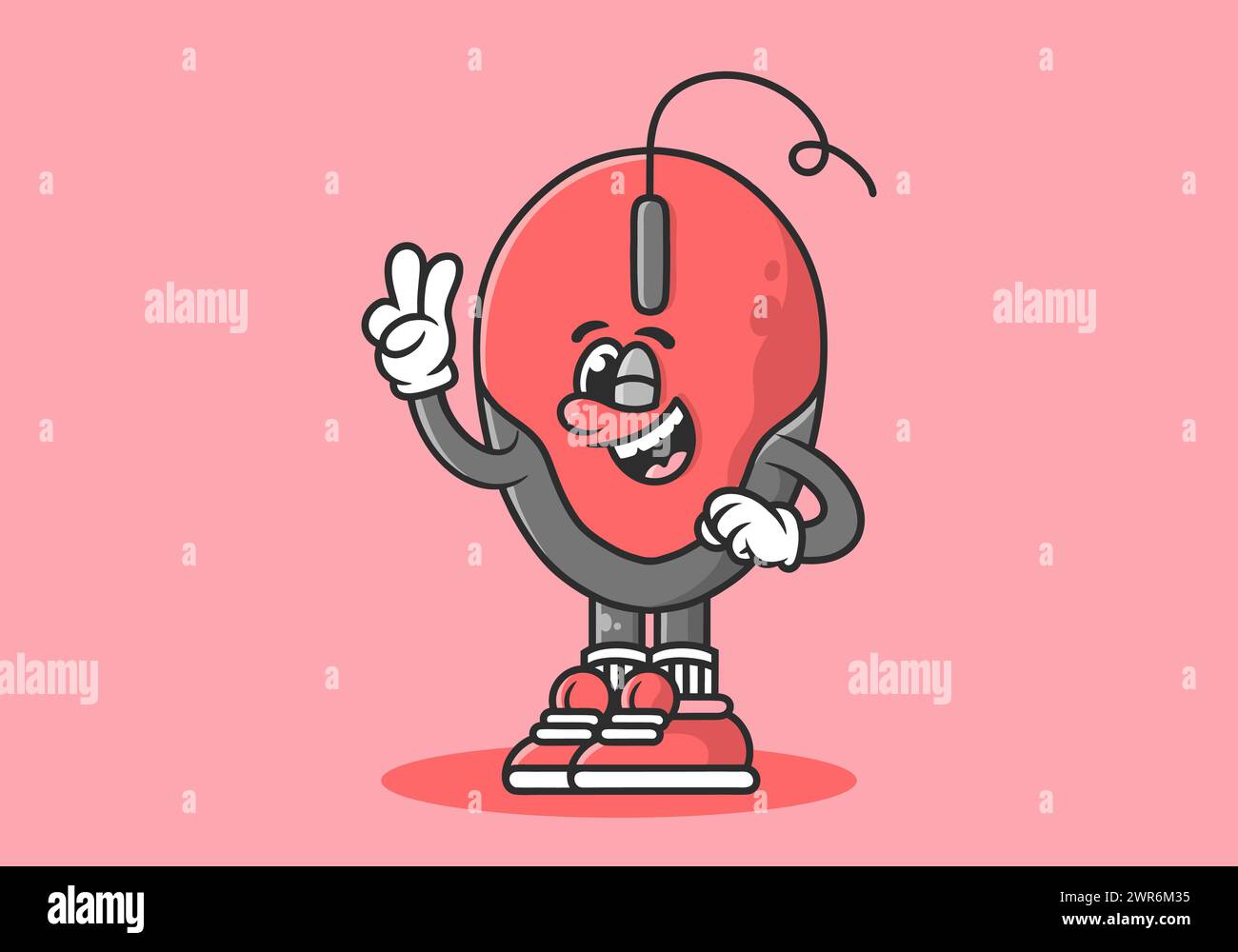 Illustration de personnage de mascotte d'une souris d'ordinateur avec les mains formant un symbole de paix. Couleurs rouges Illustration de Vecteur