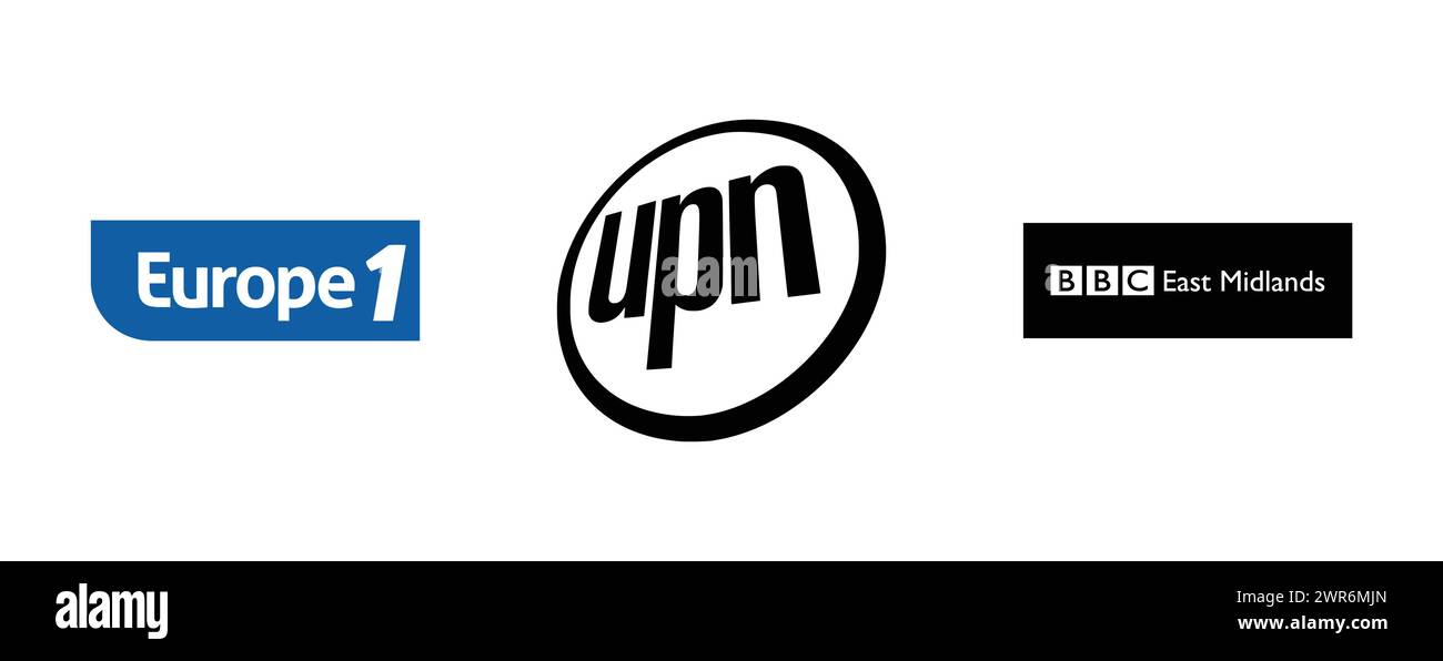 BBC Region East Midlands, Europe 1, UPN. Collection de logo de marque vectorielle. Illustration de Vecteur