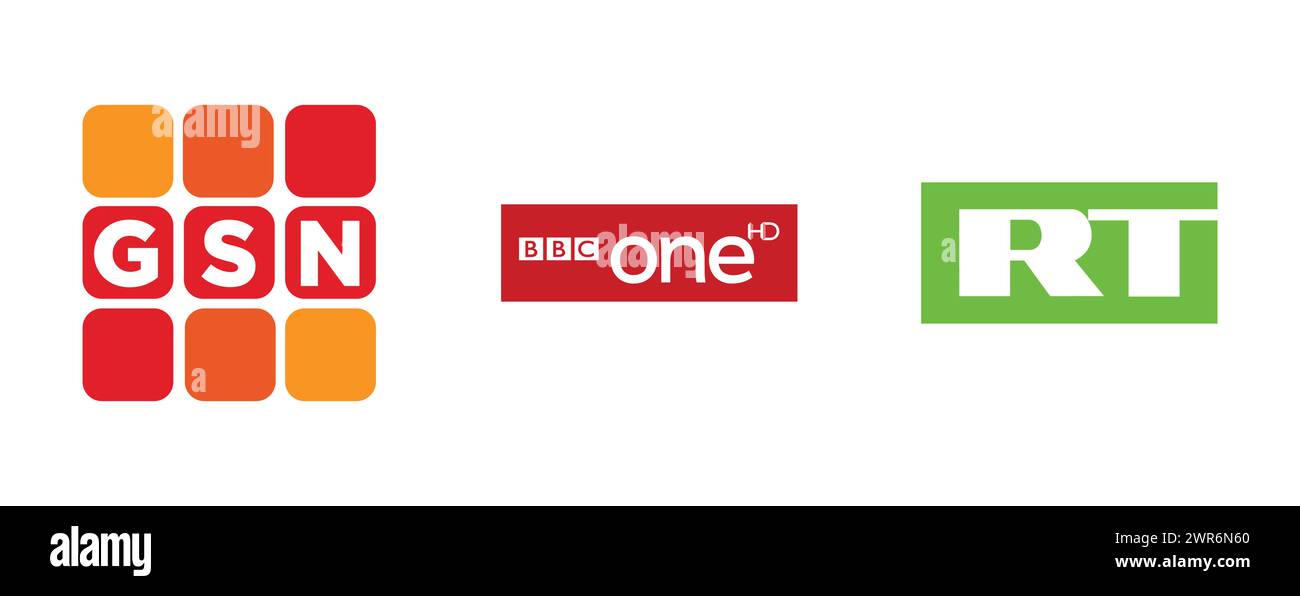 Russia Today, BBC One HD, GSN. Collection de logo de marque vectorielle. Illustration de Vecteur