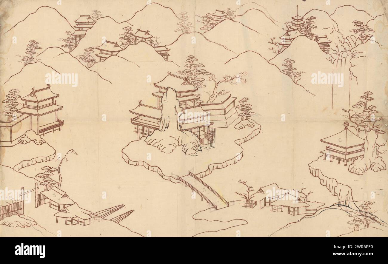Paysage de style chinois, dessin de conception pour la laque., dessinateur : Sasaya, (atelier de), Kyoto, c. 1800, papier, peinture Banque D'Images