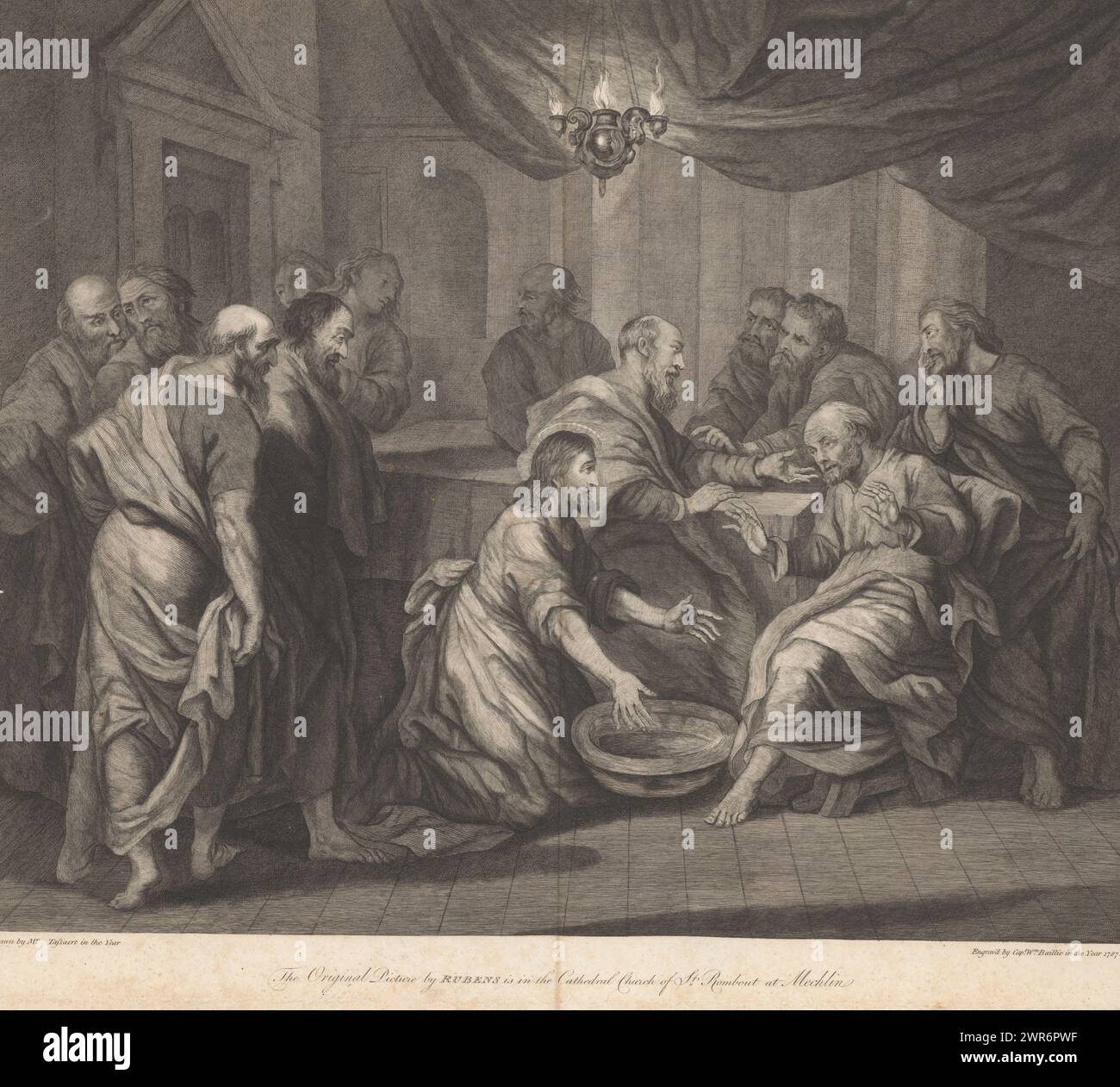 Christ lave les pieds des apôtres, Christ s'agenouille sur le sol à côté d'un bassin pour laver les pieds de Pierre. Autour de lui se trouvent les onze autres apôtres. L'estampe fait partie d'un album., imprimeur : William Baillie, après dessin par : Philippe Joseph Tassaert, après peinture par : Peter Paul Rubens, 1787, papier, gravure, hauteur c. 458 mm × largeur c. 600 mm, impression Banque D'Images